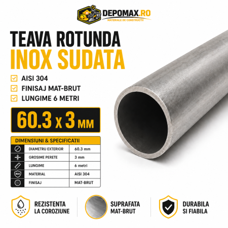 Teava rotunda inox sudata AISI 304, 60.3 x 3 mm, 6 metri